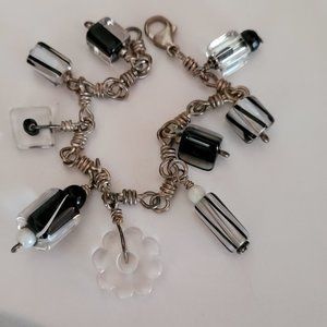 STERLING SILVER BLACK & WHITE SWIRL FLORAL BEAD BRACELET